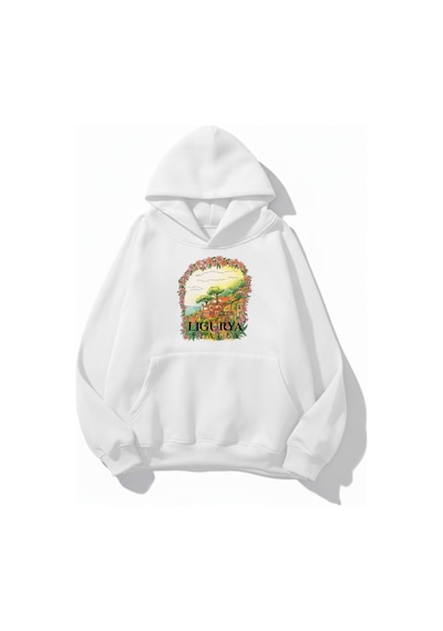 Uyguntarz Unisex Yumuşak Dokulu Italy Ligurya Baskılı Tasarım Oversize 3 İplik Hoodie Sweatshirt beyaz