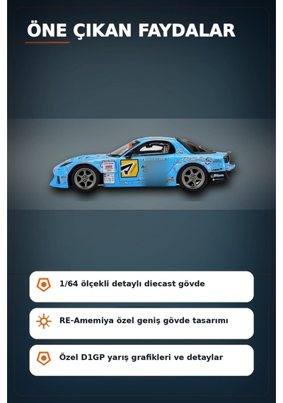 Detaylı 1/64 Ölçek Mazda Rx-7 Re-amemiya D1gp Model Araba - Koleksiyonluk Diecast Oyuncak Bx-313378
