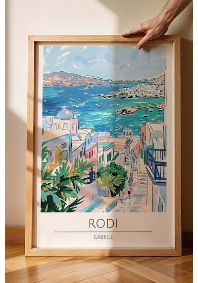 Yunanistan Rodi Temalı Çerçeveli Tablo Travel Serisi Modern İllüstrasyon Ada Duvar Dekoru Kayın