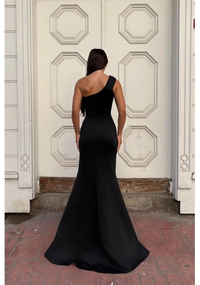 DefyModa Kadın El Emeği Tek Omuz Taş Detaylı Abiye Elbise Siyah