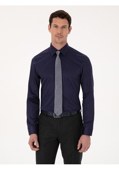 Cacharel Lacivert Slim Fit %100 Pamuk Non Iron Kolay Ütülenebilir Klasik Gömlek