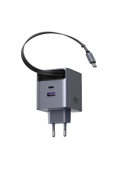 Ugreen 65w Makaralı Dahili Kablolu Gan Hızlı Şarj Cihazı, 2xusb-c, 1xusb-a, Gri, 65825