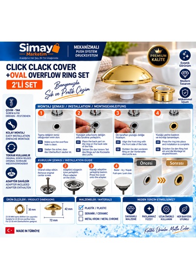 Lavabo Gider Süzgeci Bas Aç Pop-up Sistem Taşma Yüzüklü Dayanıklı Tasarım Sarı