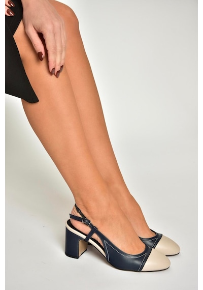 Fox Shoes U820025309 Lacivert/ten Kalın Topuklu Kadın Ayakkabı Bej - Lacivert