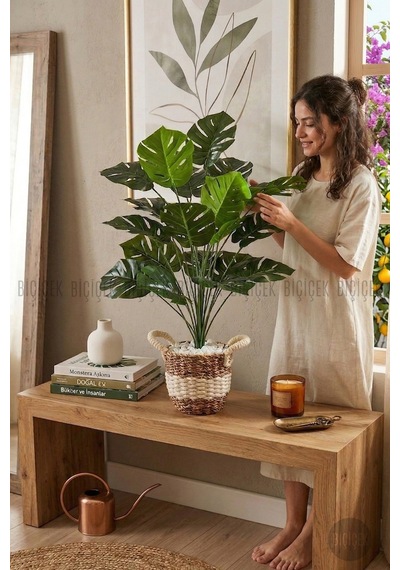 Yapay Monstera Deve Tabani Bi Tki Si 60 Cm Krem Orgulu Hasir Saksıda