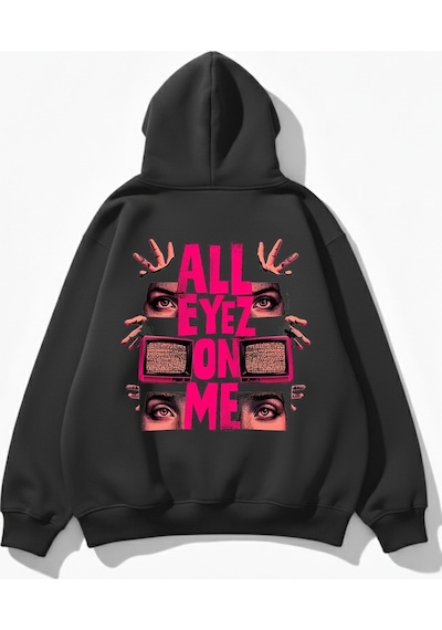 Uyguntarz Unisex Yumuşak Dokulu All Eyez Me Baskılı Tasarım Oversize 3 İplik Hoodie Sweatshirt Gri