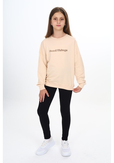 Toontoy Kız Çocuk 2'li Takım Baskılı Bisiklet Yaka Düşük Omuz Sweatshirt & Basic Düz Tayt Bej Toontoy Kız Çocuk 2'li Takım Baskılı Bisiklet Yaka Düşük Omuz Sweatshirt & Basic Düz Tayt Bej