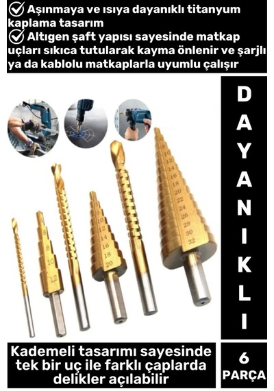 Isıya Aşınmaya Dayanıklı Ahşap Metal Plastik Kablolu Şarjlı Uyumlu 6'lı Kademeli Matkap Ucu Seti
