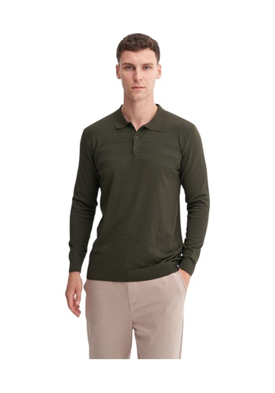 Cazador Slim Fit Viskon Karışımlı Basic Polo Yaka Kazak Haki