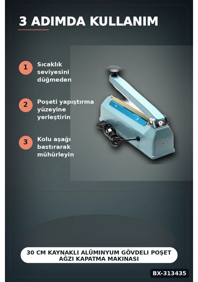 30 Cm Kaynaklı Alüminyum Gövdeli Poşet Ağzı Kapatma Makinası Fs-300 Isı Ayarı 8 Kademe Bx-313435
