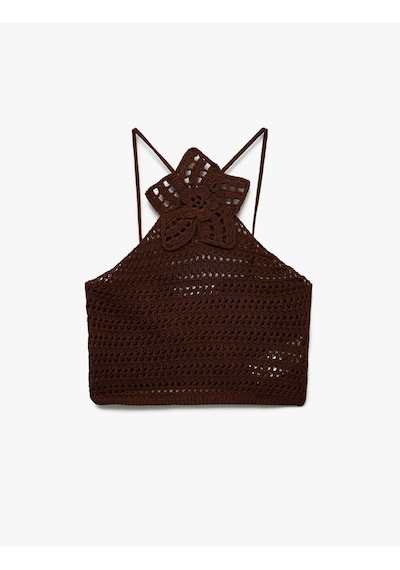 Koton Halter Yaka Slim Fit Nakışlı Kroşe Crop Bluz Kahverengi 5sal30002ht Kahve