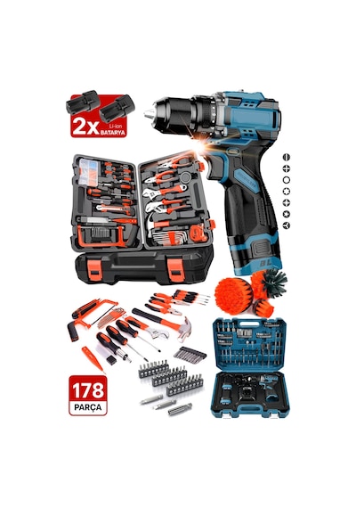 Kömürsüz Pro Motor 178 Parça Takım Seti 2 Akülü Matkap, Tornavida, Pense, Lokma, Çekiç, Alet Takımı