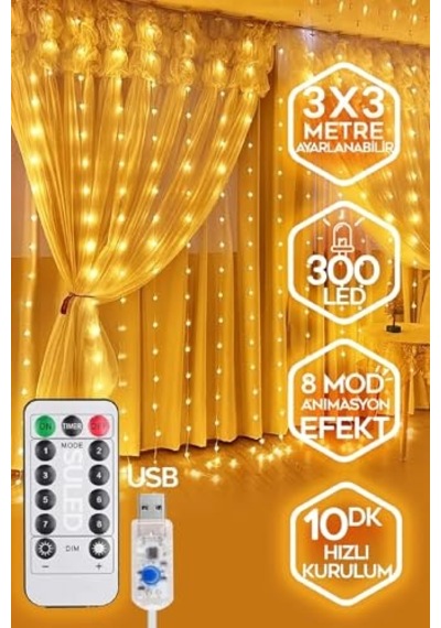 3x3 Metre Perde Led Işık, 300 Ledli 10 Sarkıtlı Dekoratif Peri Led, Uzaktan Kumandalı Ve 8 Fonksiyonlu, Usb Girişli Günışığı Sarı Duvar Ve Perde Aydınlatması Enerji Sınıfı A