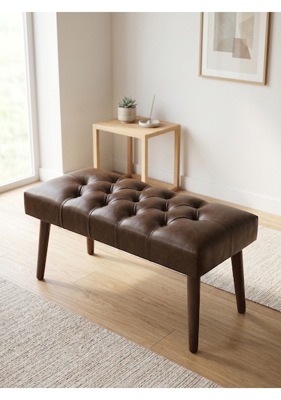 Modern Kapitoneli Acı Kahve Deri Kumaş Bench Puf Oturma Bankı Ahşap Ceviz Ayaklı Demonte 90x45 Kahverengi