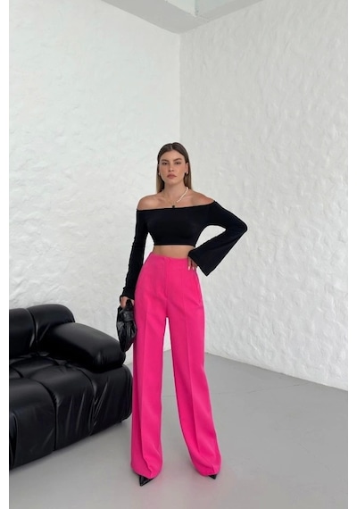 Defymoda Yüksek Bel Pensli Palazzo Pantolon Fuşya
