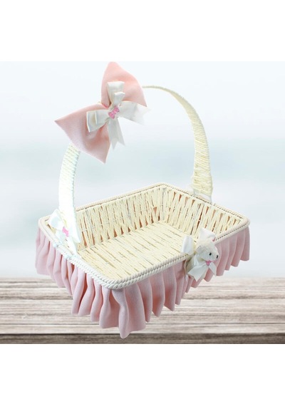Saplı Dikdörtgen Kumaş Süslü Sepet 35 Cm Büyük Boy Pembe