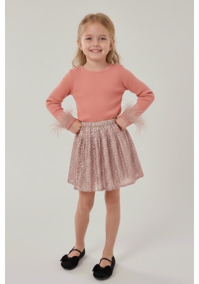 My Kids Wear Kız Çocuk Bayramlık Payet Etekli Takım 12537 Bej - Kahverengi