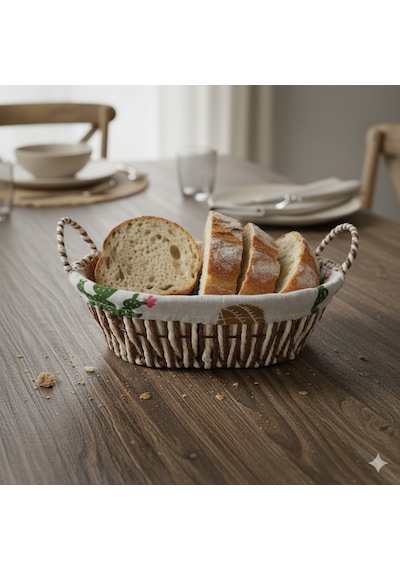 Kaktüs Desenli Kumaş Kaplamalı Hasır Kulplu Dekoratif Sepet 27x16 Cm Kahverengi - Yeşil - Bej