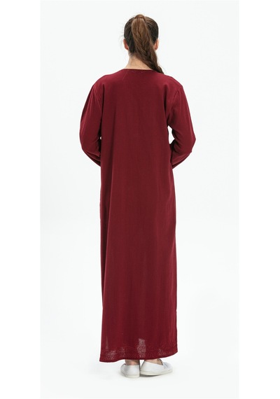 Eliş Şile Bezi Uzun Kol Şile Bezi Simli Kaftan Midi Boy Elbise Bordo