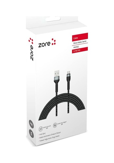 Senon Zore Shira Serisi Micro Usb Kablo 3m Siyah