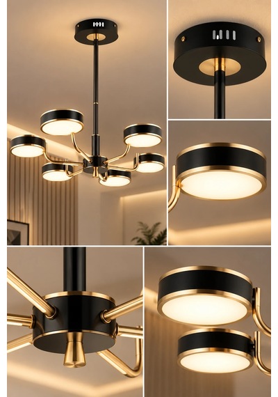Modern Premium Led 6'lı Siyah Gold Sarkıt Avize Salon Oturma Odası Mutfak Yatak Odası Avizesi 54w