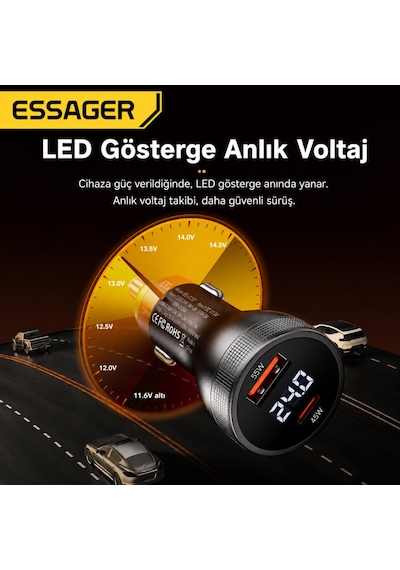 Essager 100w Çift Port Araç Şarj Cihazı Type-c Usb Hızlı Şarj Dijital Voltaj Göstergeli