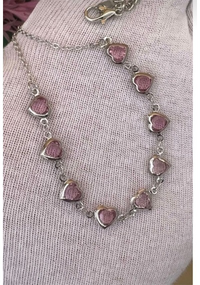 Kadın Gümüş Renk Kalpli Zirkon Taşlı Şık Tasarım Kolye 45 Cm Pembe