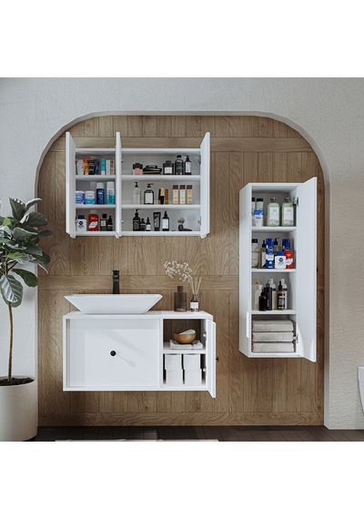 Lavabolu Mat Mdf 90 Cm Çekmeceli Dolabı + Aynalı Dolabı Beyaz Mat Beyaz