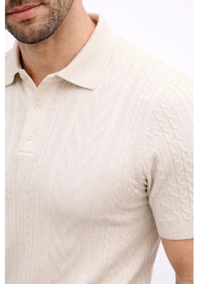 Erkek Yazlık Triko Tişört Kısa Kol Polo Yaka Düğmeli T-shirt - Krem
