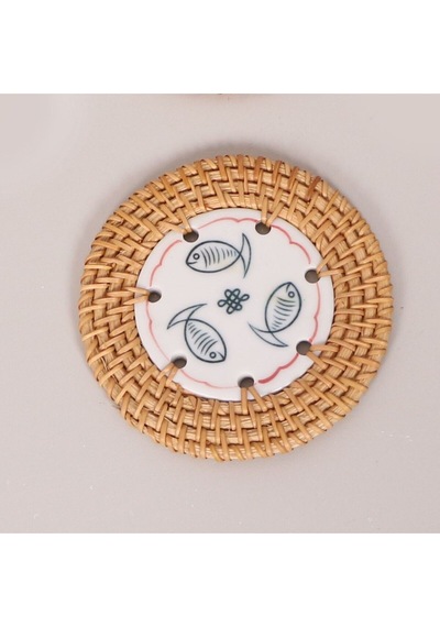 3 Balık 6'lı Doğal Rattan Ve El Yapımı Seramikli Bardak Altlığı Diğer