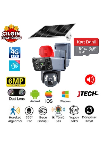 O-kam 3815 3mp+3mp 6mp 4g Sim Kartlı, Solar Panelli, Sirenli, 2 Lens 3 Görüntü, Ip66 Alert Ptz + 64ggb Sd Kart Dahil