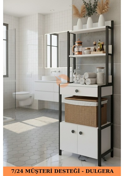 Dora Çok Amaçlı Banyo Dolabı Düzenleyici Çamaşır Odası Rafı Havluluk Rafı Beyaz