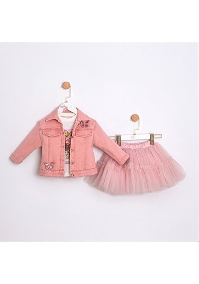 Ministok Butterfly Kız Çocuk Ceket Tütü Etek T-shirt 3'lü Takım Pembe