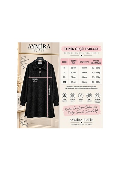 Aymiraa Kadın Tunik Sim Parıltılı Tesettür Rahat Kalıp Siyah Tunik Siyah Siyah