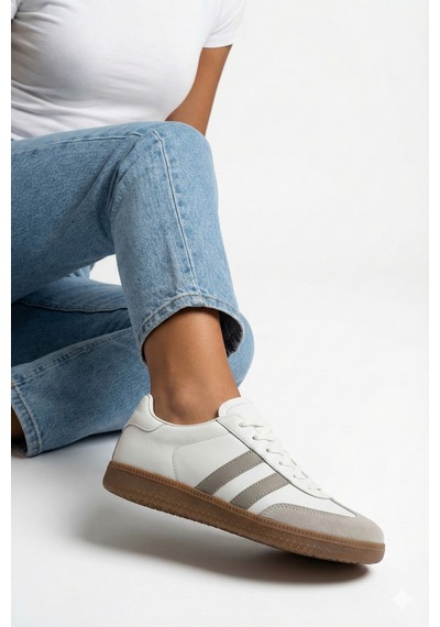 N Moda Unisex Siyah Beyaz Termo Taban Yanı Şeritli Bağcıklı Spor Ayakkabı Beyaz Gri