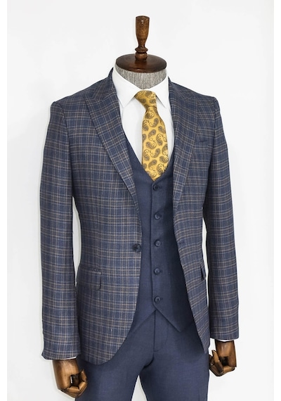 Ekose Ceketli Slim Fit Mavi Erkek Takım Elbise - Wessi Mavi