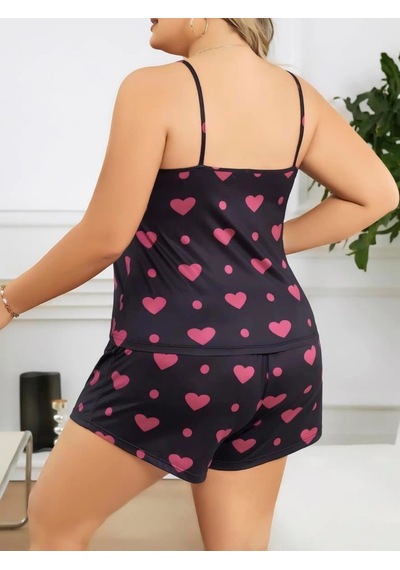 Senoramoda Büyük Beden Siyah Kalp Desen İnce Askılı Pamuklu Şortlu Pijama Takımı