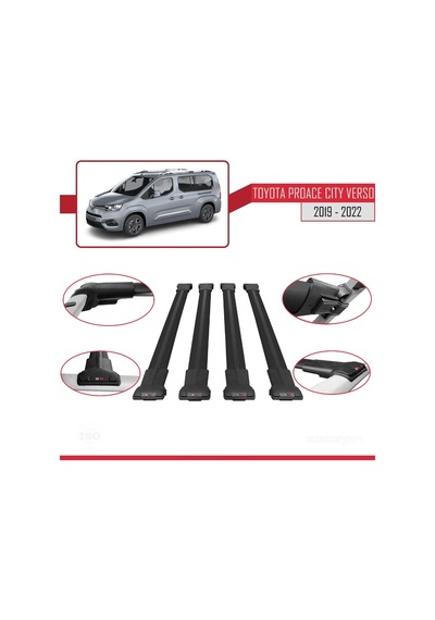 Toyota Proace City Verso 2019-2022 Arası İle Uyumlu Fly Model Ara Atkı Tavan Barı Siyah 4 Adet Bar