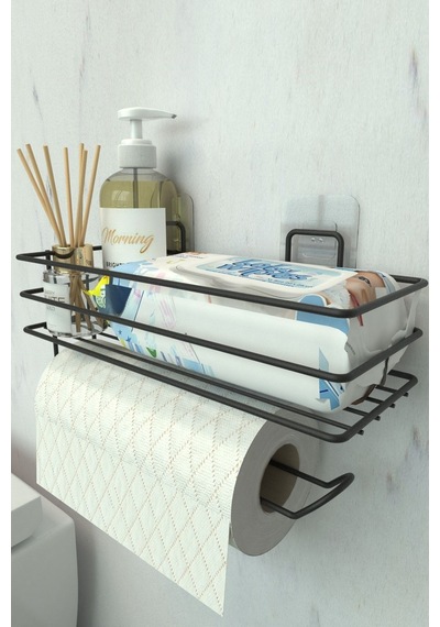 Sas Haus Siyah Yapışkanlı Raflı Kağıt Rulo Havluluk & Peçetelik – Mutfak ve Banyo Düzenleyici Raf, 30x10 cm (Yapıştır/Vidala)