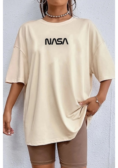 Unisex Nasa Baskılı Tasarım T-shirt Bej