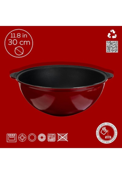 Lava Döküm Yuvarlak Özbek Kazanı / Tencere. Döküm Demir Yekpare Kulplu Çap Ø 30cm.-bordo Bordo
