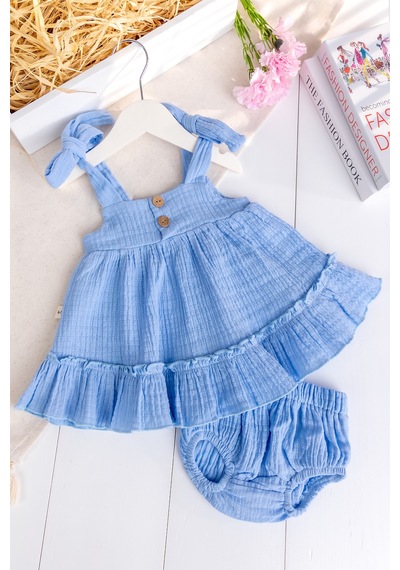 Babymod Müslin 100% Pamuk Askılı Yazlık Kız Bebek Elbise Mavi
