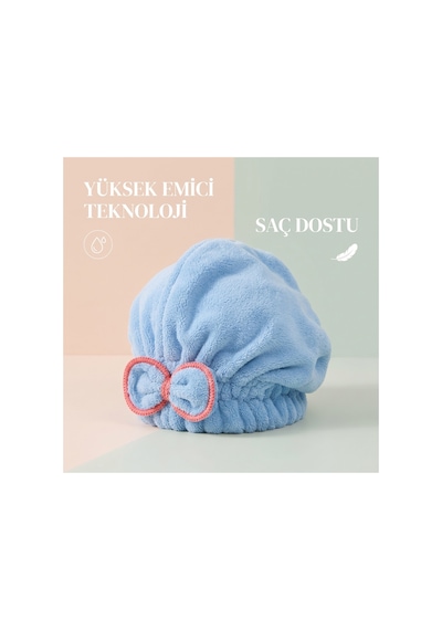 Prenses Peluş Mikrofiber Saç Kurulama Havlusu Çizgi Fiyonklu, Pratik Saç Bonesi - Duş, Makyaj Ve Bakım Saç Wrap Mavi