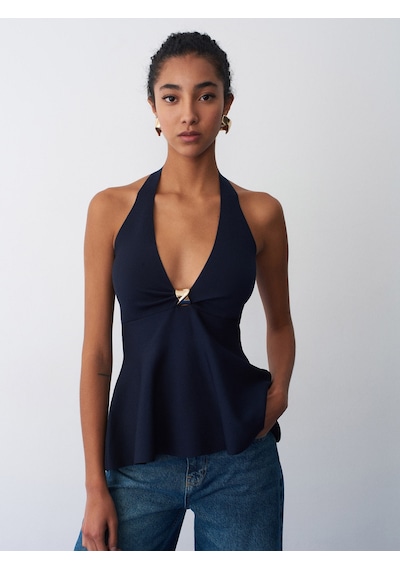 Dilvin 10787 Halter Yaka Metal Detaylı Peplum Triko Bluz-k.lacivert
