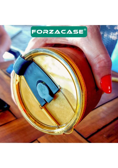 Forzacase 350ml Isıya Dayanıklı Deri Şeritli Pipetli Borosilikat Cam Bardak Çay Kahve - Fc1141 Amber