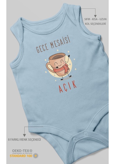 Gece Mesaisi Açık Baskılı Bebek Zıbını Çıtçıtlı Body %100 Pamuk Sıfır Kol Bebe Mavisi