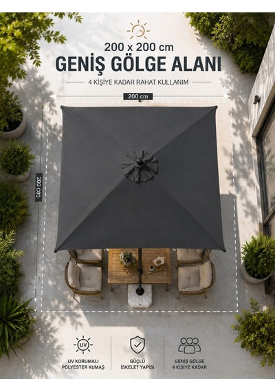 Alubrella Kare Antrasit 200x200 Cm, 8 Telli Güneş Şemsiyesi