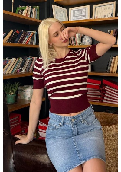 Bordo Bisiklet Yaka Çizgili Kadın T-shirt Mg2400 Bordo