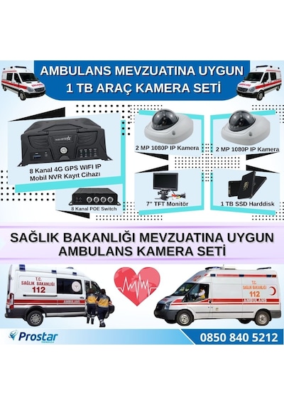 Ambulans Mevzuatına Uygun 2 Kameralı 8 Kanal Mobil Nvr 1 Tb 7 İnç Monitörlü Tak Kullan Set