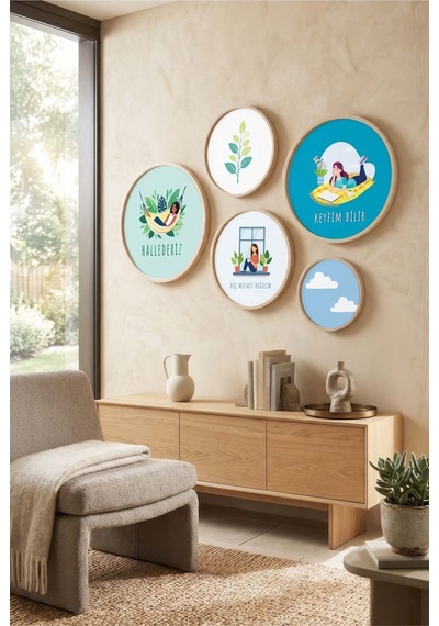 Yuvarlak Ahşap Çerçeveli Yazılı Ve Minimalist Kahve Çeşitleri Tablo Seti